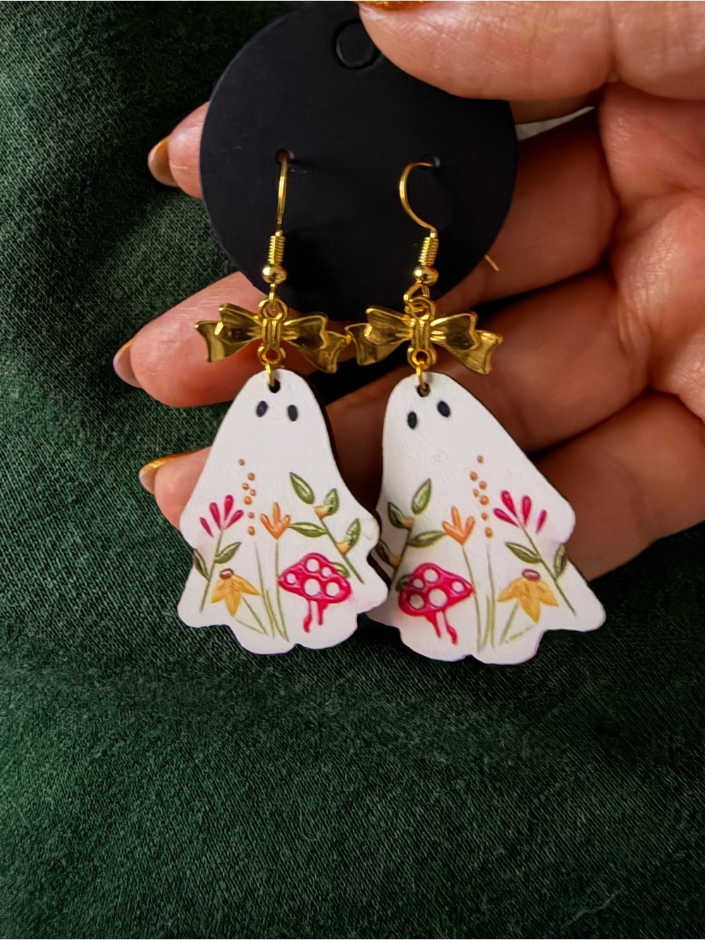 Ghost Mushroom Floral Bow Dangle Earrings Halloween Whimsical - Picture 2 of 2